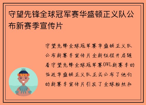 守望先锋全球冠军赛华盛顿正义队公布新赛季宣传片