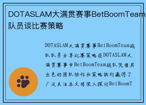 DOTASLAM大满贯赛事BetBoomTeam战队队员谈比赛策略